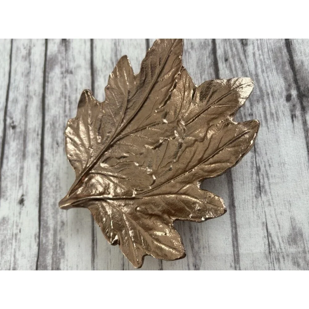 PAIR Pier One Fall Leaf Shaped Rose Gold Plates Metal Trinket Trays Decor 5”